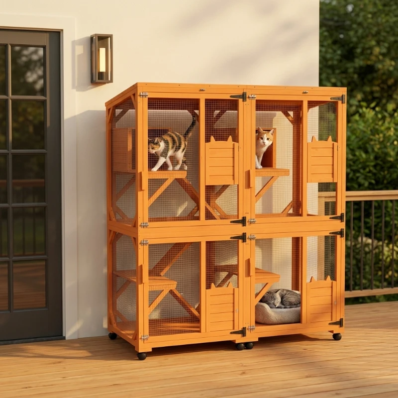 PawHut 2PCs Wooden Catio with Waterproof Roof, Resting Box, Wheels, Orange