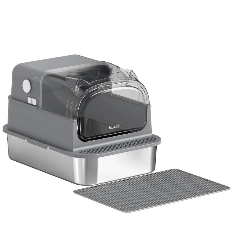 PawHut Stainless Steel Cat Litter Box with 95° Flip Lid, XXL Enclosed Metal Litter Box w/ Mat, Scoop, for Big Cats, 28"x20"x18"