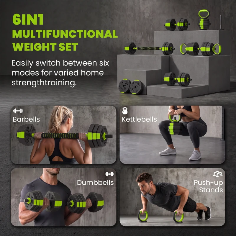 Soozier 6-in-1 Adjustable Dumbbell Set, Used as Kettlebell, Barbell, Dumbbell, Push-Up Stand, 55lbs Free Weights Set, Green