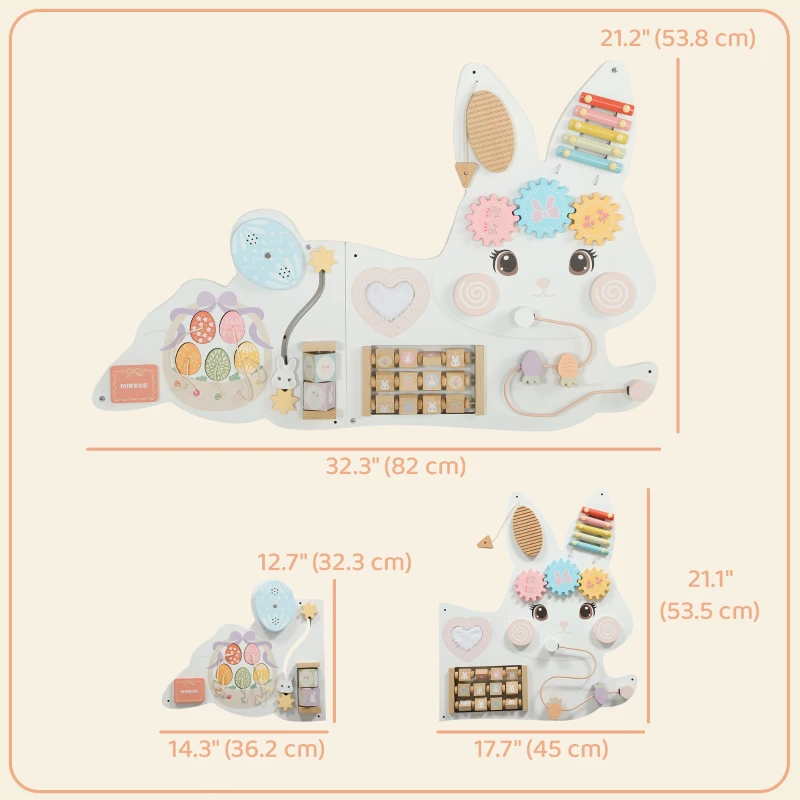 Qaba Easter Bunny Busy Board, Wooden Wall-Mounted Montessori Sensory Toys, Gift for Girls Boys for 1.5-6 Y, White
