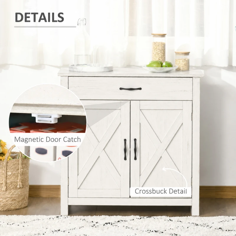 HOMCOM Farmhouse Sideboard Cabinet with Barn Doors Kitchen Buffet Cabinet with Drawer and Adjustable Shelf Stone White Wash