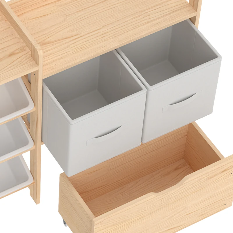 Qaba Wooden Toy Storage Organizer with Rolling Toy Chest, 2 Fabric Drawers, 2 Shelves and 9 Bins for Kids Rooms, Nursery
