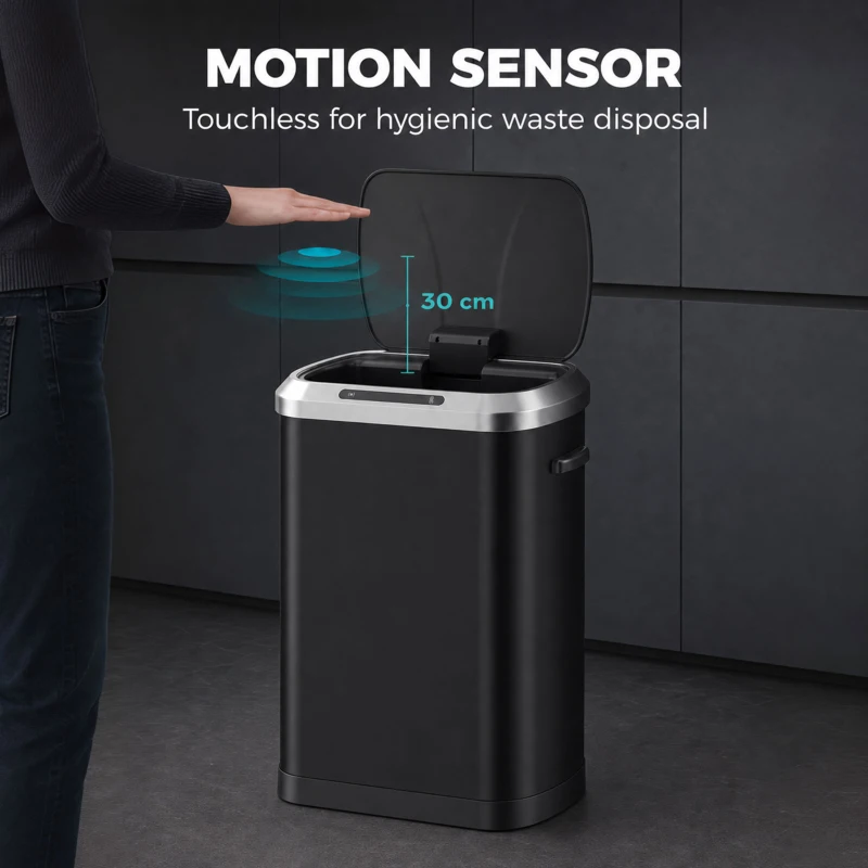 HOMCOM Automatic Trash Can, 13.2Gal / 50L Touchless Garbage Can with Soft-Close Lid, Stay Open, Stainless Steel, Black