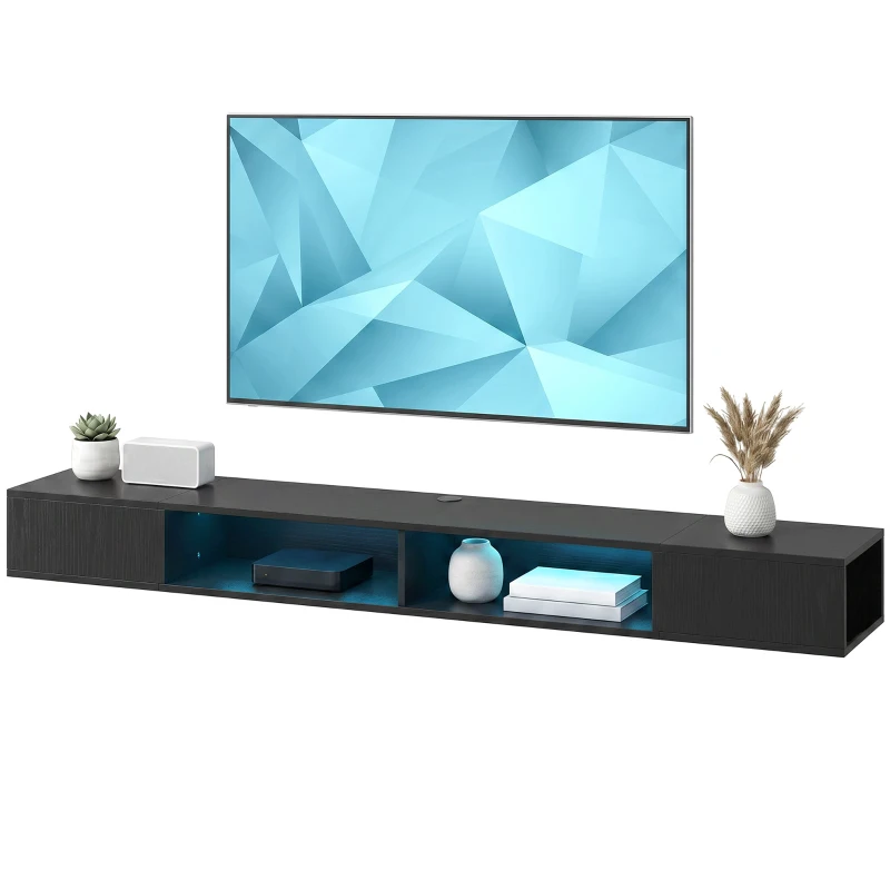 HOMCOM TV Stand with RGB LED Lights, Entertainment Center with Open Shelves for 75 Inch TV, Black Wood Grain