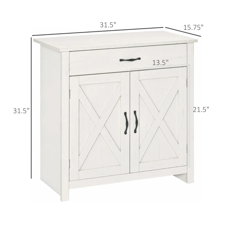 HOMCOM Farmhouse Sideboard Cabinet with Barn Doors Kitchen Buffet Cabinet with Drawer and Adjustable Shelf Stone White Wash