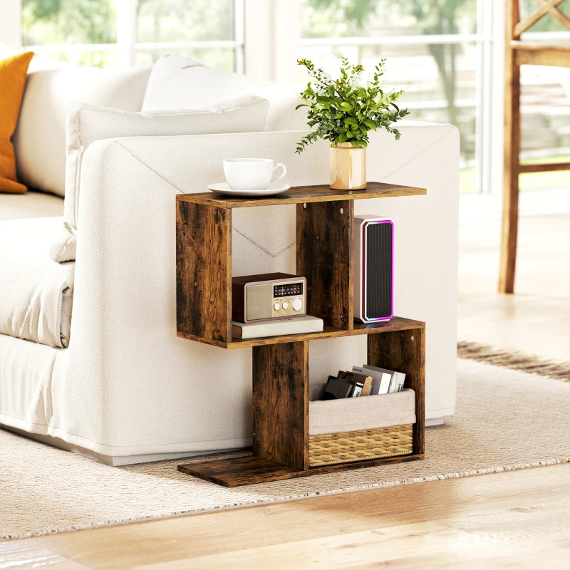 HOMCOM End Table, Narrow Side Table with Storage Shelves, S-Shaped, 3-Tier, 19.7" W x 7.7" D x 22.8" H, Rustic Brown