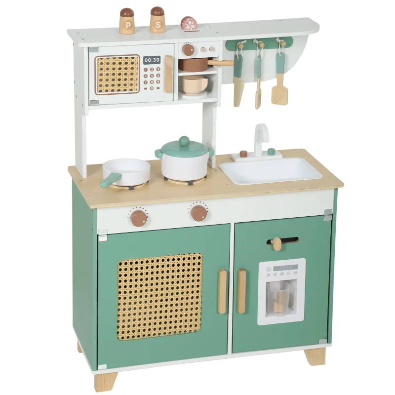 Qaba Wooden Play Kitchen Set with Microwave, Coffee Machine, Ice Maker & 19PCs Accessories, Gift for Ages 3-6 Years, Green