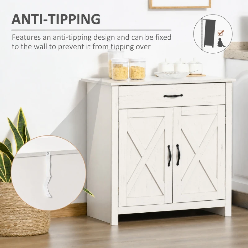 HOMCOM Farmhouse Sideboard Cabinet with Barn Doors Kitchen Buffet Cabinet with Drawer and Adjustable Shelf Stone White Wash
