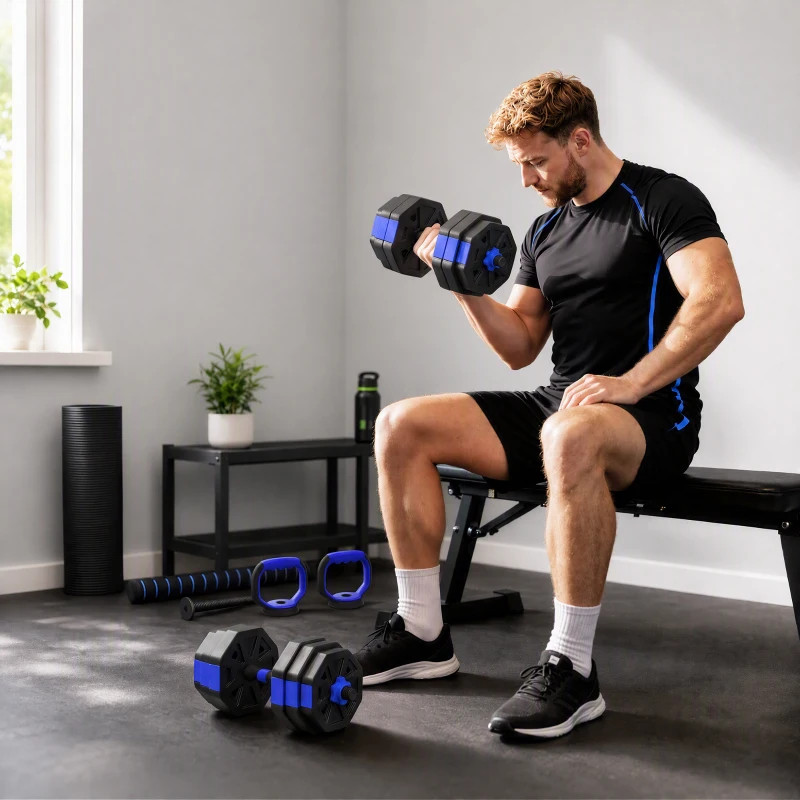 Soozier 6-in-1 Adjustable Dumbbell Set, Used as Kettlebell, Barbell, Dumbbell, Push-Up Stand, 55lbs Free Weights Set, Blue