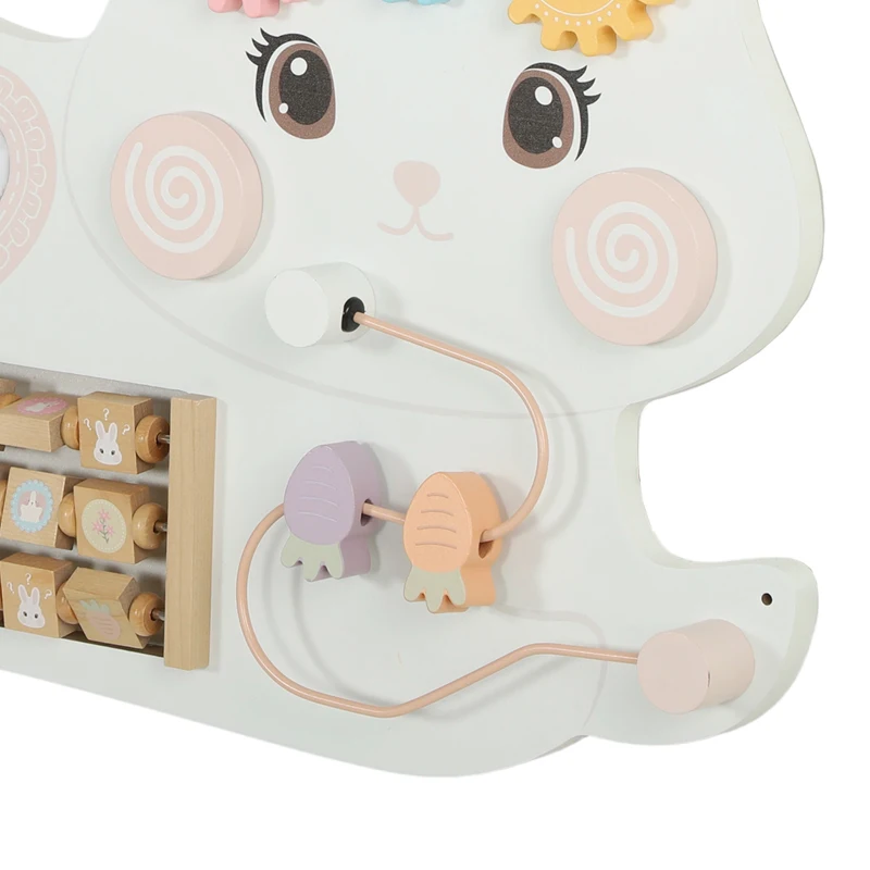Qaba Easter Bunny Busy Board, Wooden Wall-Mounted Montessori Sensory Toys, Gift for Girls Boys for 1.5-6 Y, White