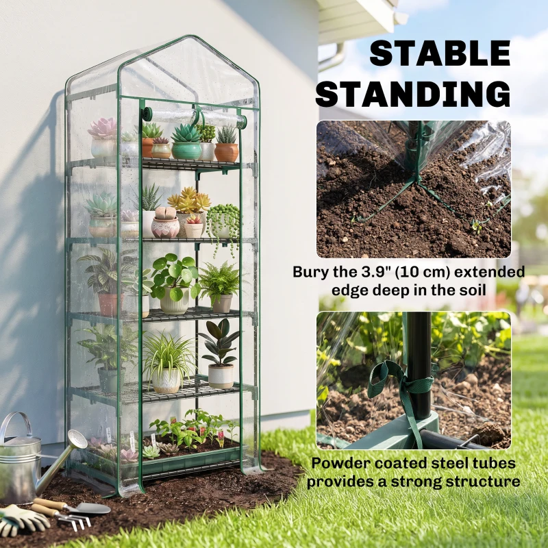 Outsunny 5 Tier Mini Greenhouse, Portable Outdoor Flower Stand with Shelf Clips, Indoor Greenhouse with Steel Frame, Transparent, 27.25" x 19.25" x 76", Clear