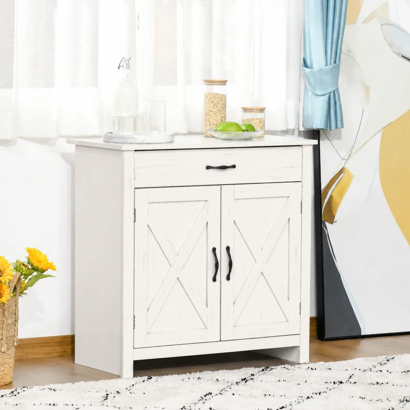 HOMCOM Farmhouse Sideboard Cabinet with Barn Doors Kitchen Buffet Cabinet with Drawer and Adjustable Shelf Stone White Wash