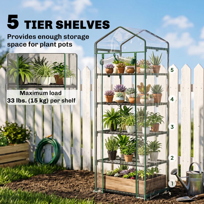 Outsunny 5 Tier Mini Greenhouse, Portable Outdoor Flower Stand with Shelf Clips, Indoor Greenhouse with Steel Frame, Transparent, 27.25" x 19.25" x 76", Clear