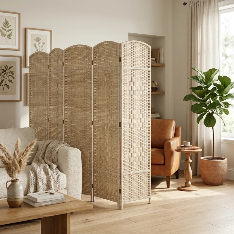 HOMCOM Folding Room Divider Screen 6 Panel 6' Tall Privacy Screen Freestanding Wood Partition for Home Office, Washed Oak