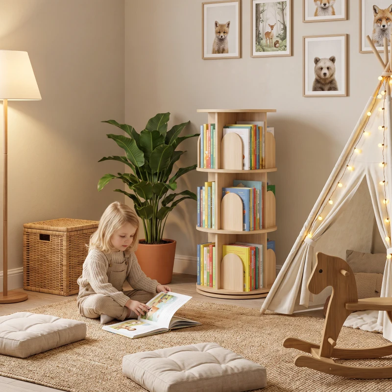Qaba 3-Tier Rotating Bookshelf, 360° Rotating Floor-Standing Revolving Bookcase for Bedroom, Nursery, Playroom, Natural