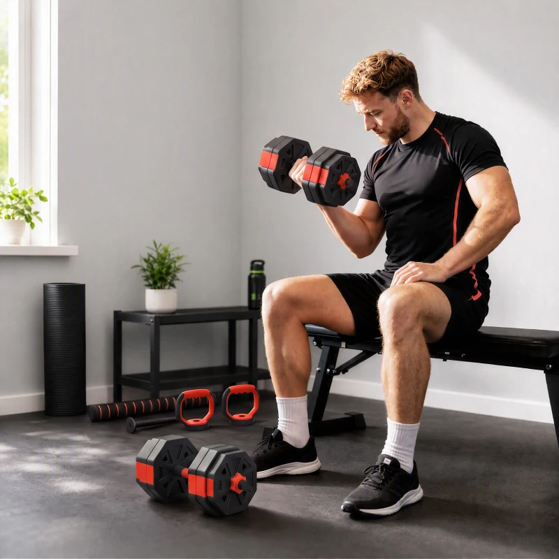 Soozier 6-in-1 Adjustable Dumbbell Set, Used as Kettlebell, Barbell, Dumbbell, Push-Up Stand, 55lbs Free Weights Set, Red