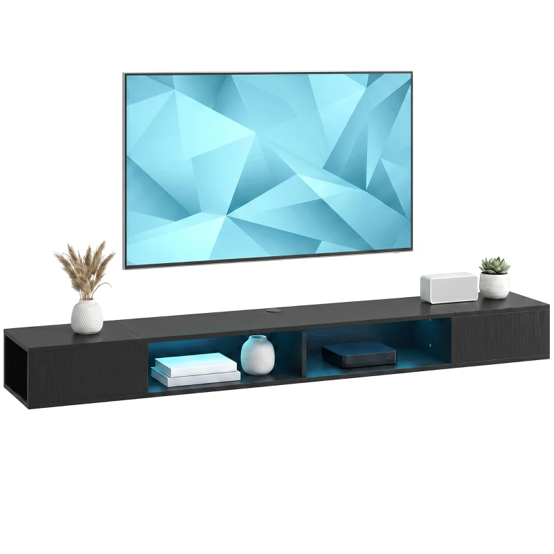 HOMCOM TV Stand with RGB LED Lights, Entertainment Center with Open Shelves for 75 Inch TV, Black Wood Grain