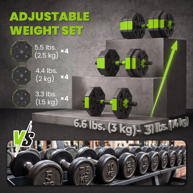 Soozier 6-in-1 Adjustable Dumbbell Set, Used as Kettlebell, Barbell, Dumbbell, Push-Up Stand, 55lbs Free Weights Set, Green
