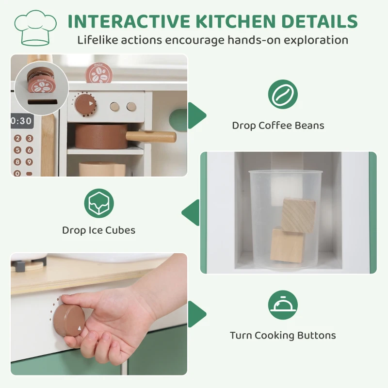 Qaba Wooden Play Kitchen Set with Microwave, Coffee Machine, Ice Maker & 19PCs Accessories, Gift for Ages 3-6 Years, Green