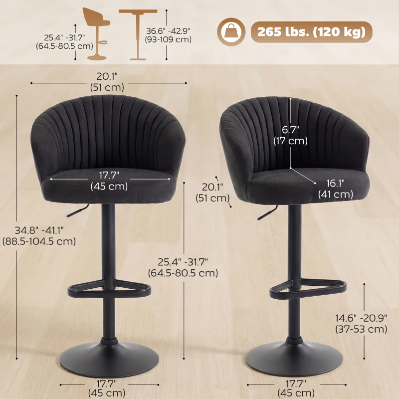 HOMCOM Adjustable Bar Stools Set of 2, Upholstered Kitchen Stools with Swivel Seat, Steel Frame, Footrest, ‎Black