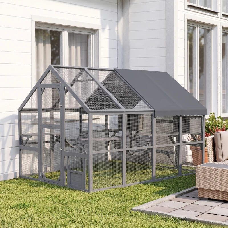 PawHut Wooden Catio Outdoor Cat Enclosure with Waterproof Cover, 2 Condos, 6 Platforms, Bridge, Doors, Gray