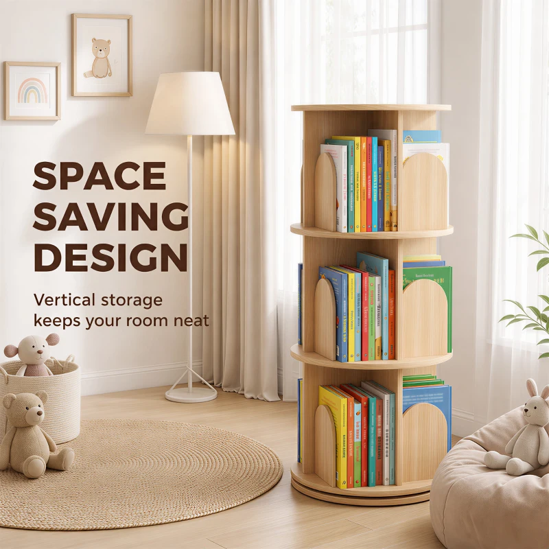 Qaba 3-Tier Rotating Bookshelf, 360° Rotating Floor-Standing Revolving Bookcase for Bedroom, Nursery, Playroom, Natural