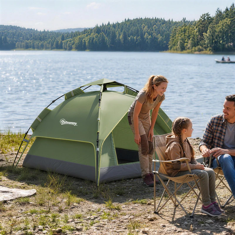 Outsunny Camping Tent, 2-3 Man Family Tent, 1000mm Waterproof, with Sewn-in Groundsheet and Carry Bag,  for Fishing, Dark Green