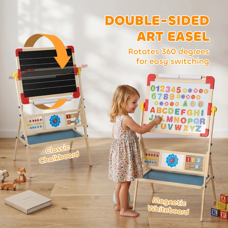 Qaba Art Easel for Kids, 3-in-1 Wooden Standing Kids Easel, Double-Sided Whiteboard Chalkboard, 360° Rotating for 3-8 Natural