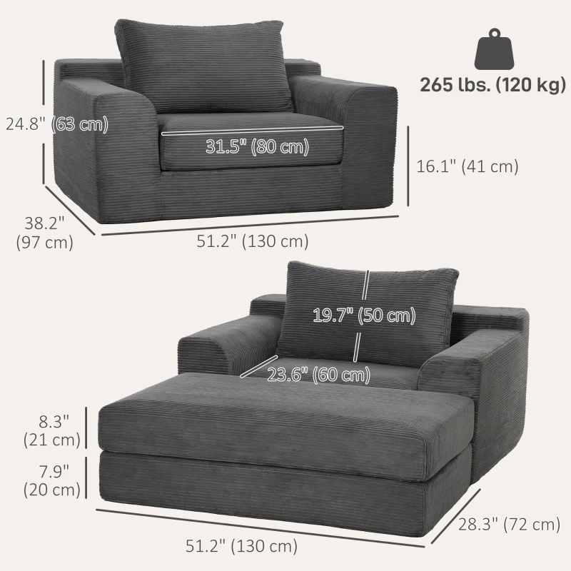 HOMCOM 51" Chair Bed, Corduroy Upholstered Sleeper Chair with Pillow, Dark Grey