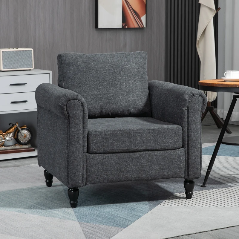 HOMCOM Vintage Armchair, Upholstered Accent Chair with Rolled Arms, Gourd-Shaped Rubber Wood Legs, Dark Grey
