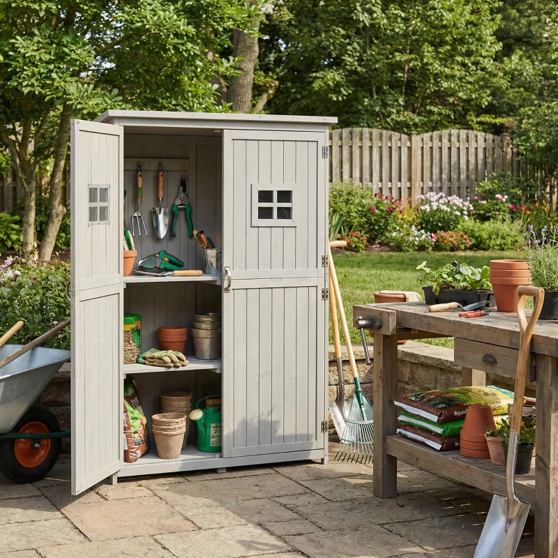 Outsunny 4x1.5ft Wooden Garden Sheds, Outdoor Storage with Windows and Double Door for Gardeners, Grey