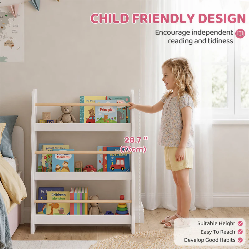 Qaba 3-Tier Kids Bookshelf Wall Mounted, Floating Children's Bookcase for Playroom, Living Room, for 3-8 Years, White