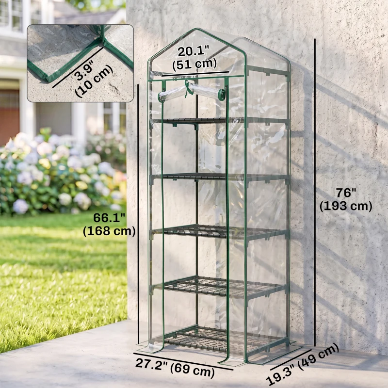 Outsunny 5 Tier Mini Greenhouse, Portable Outdoor Flower Stand with Shelf Clips, Indoor Greenhouse with Steel Frame, Transparent, 27.25" x 19.25" x 76", Clear