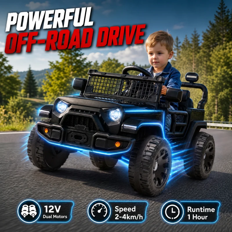 Qaba 12V Electric Car for Kids with Remote, Dual Motors, Rear Suspension, Soft Start, Music, Lights for 3-8 Years, Black