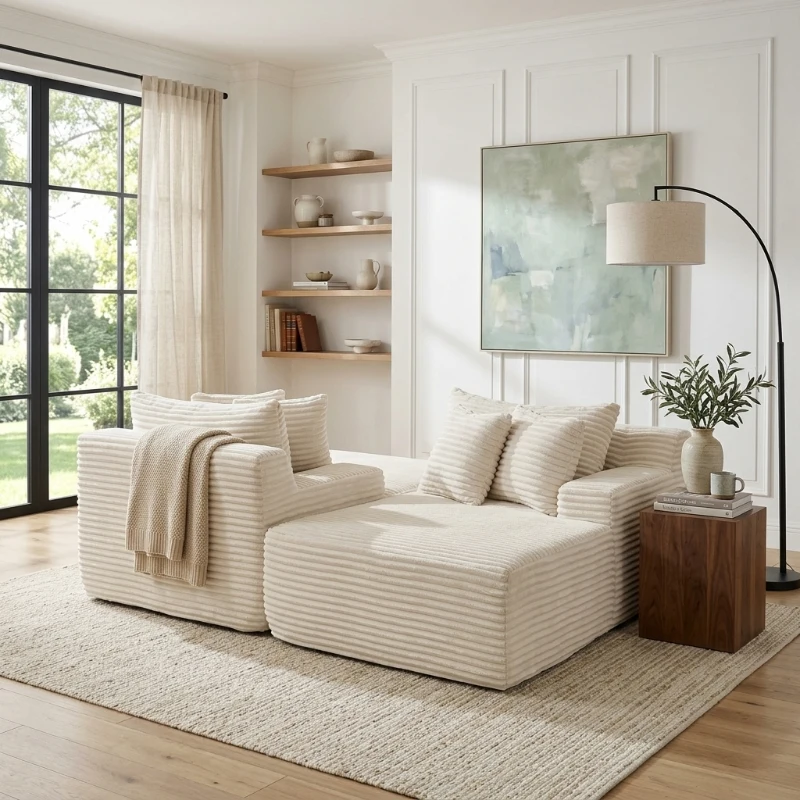 2-Seater Compressed Foam Lounge Sofa with Velvet Fabric and No Wood Frame, Loveseat Ideal for Bedroom, 83" L x 63" W x 25" H, Beige