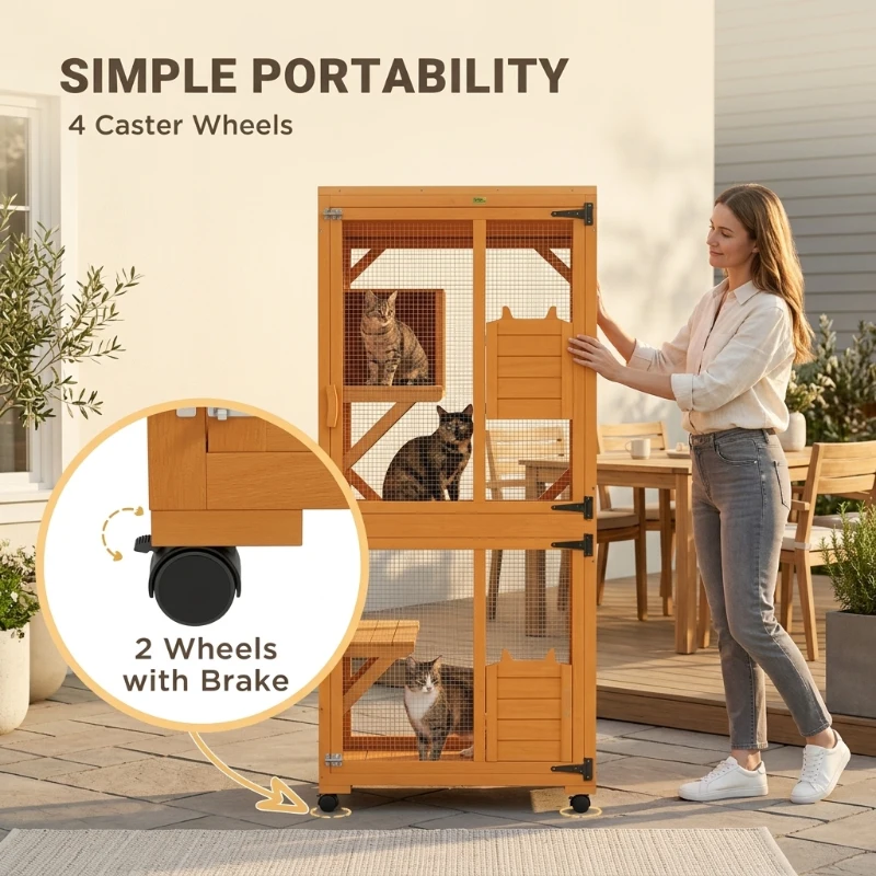 PawHut 2PCs Wooden Catio with Waterproof Roof, Resting Box, Wheels, Orange