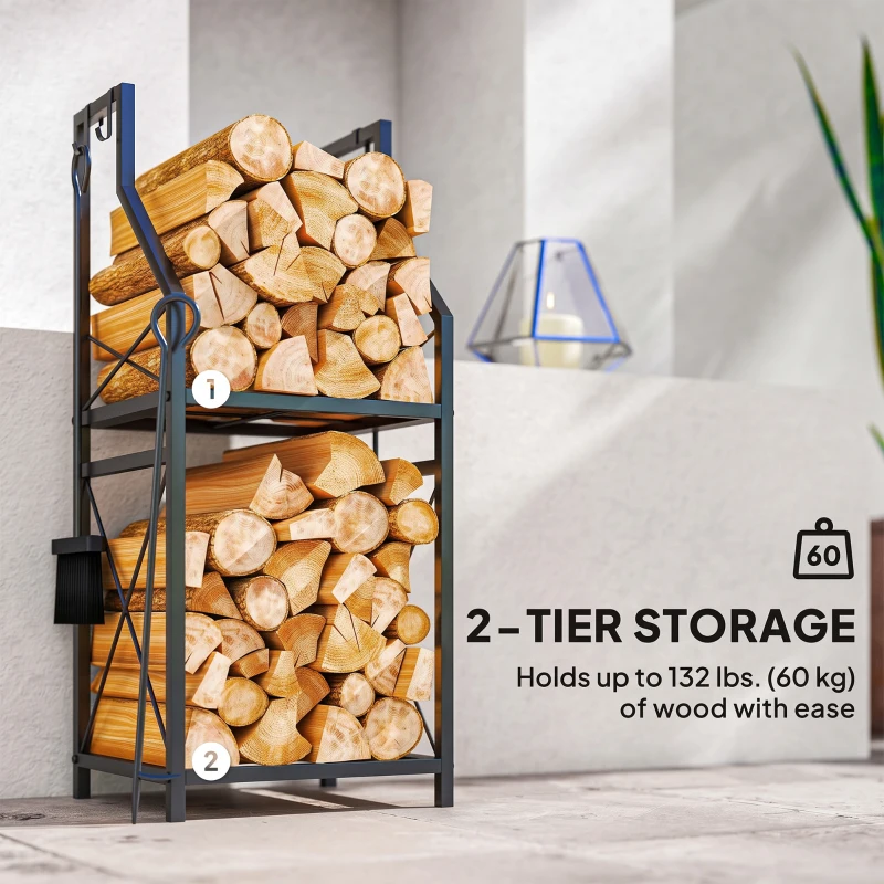 Outsunny Firewood Rack with 4 Fireplace Tools, 2-Tier Metal Log Holder with Hooks, 132 lbs Capacity for Indoor Outdoor, Black