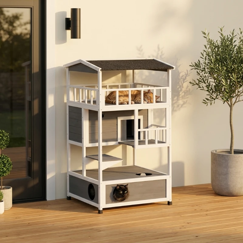 PawHut Wooden Outdoor Cat House with Asphalt Roof, Escape Doors, Condo, Jumping Platform, Light Gray
