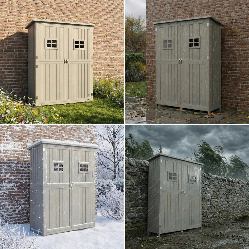 Outsunny 4x1.5ft Wooden Garden Sheds, Outdoor Storage with Windows and Double Door for Gardeners, Grey