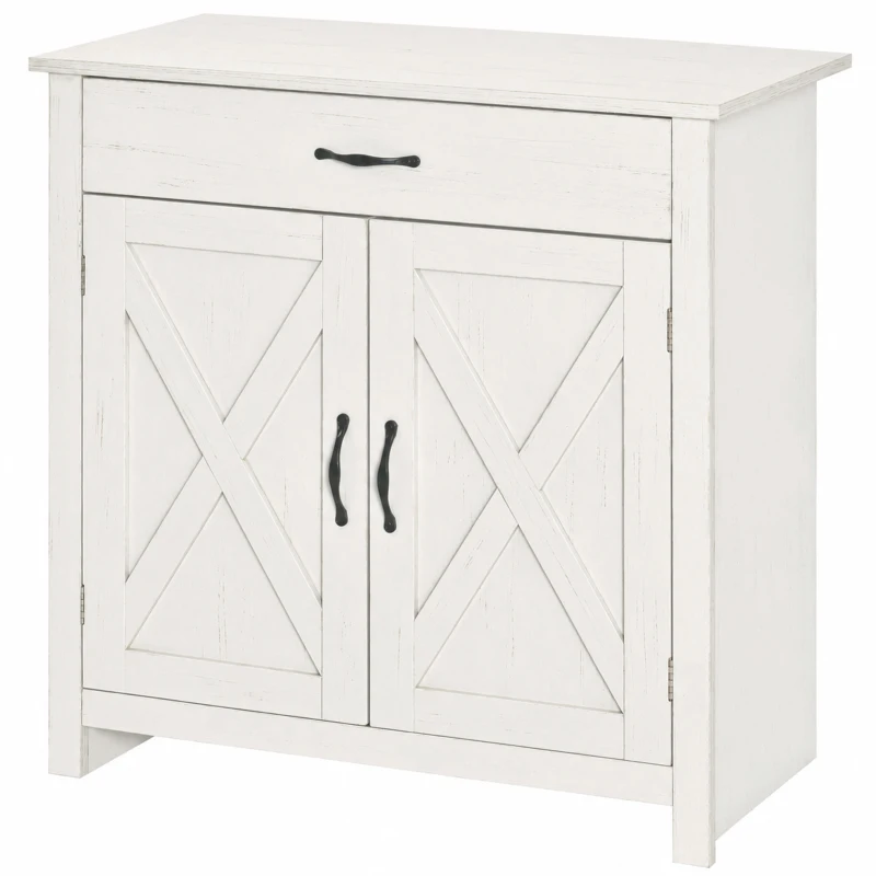 HOMCOM Farmhouse Sideboard Cabinet with Barn Doors Kitchen Buffet Cabinet with Drawer and Adjustable Shelf Stone White Wash