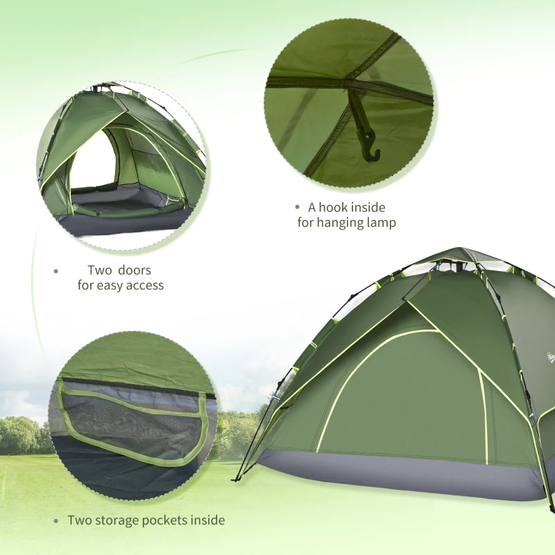 Outsunny Camping Tent, 2-3 Man Family Tent, 1000mm Waterproof, with Sewn-in Groundsheet and Carry Bag,  for Fishing, Dark Green