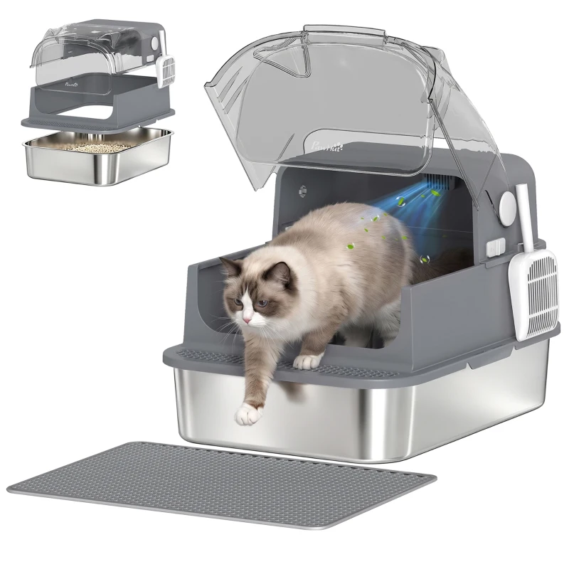 PawHut Stainless Steel Cat Litter Box with 95° Flip Lid, XXL Enclosed Metal Litter Box w/ Mat, Scoop, for Big Cats, 28"x20"x18"