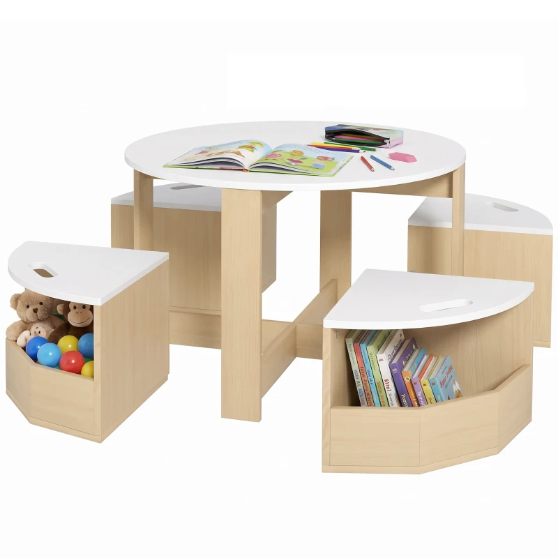 Qaba 5 Piece Kids Table and Chairs Set with Storage for Art, Craft, Drawing, Playroom, Classroom, Nursery, White