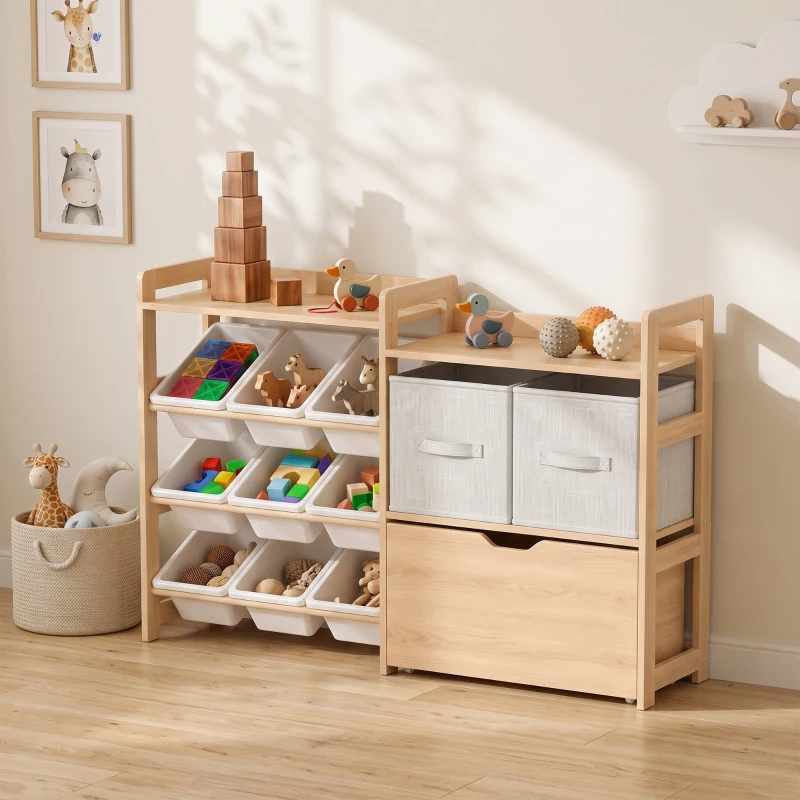 Qaba Wooden Toy Storage Organizer with Rolling Toy Chest, 2 Fabric Drawers, 2 Shelves, 9 Bins for Bedroom, Playroom, Nursery