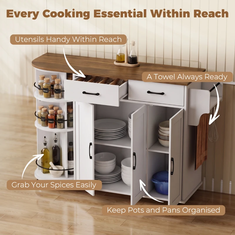 HOMCOM 53" Kitchen Island with Power Outlet and Drop Leaf, Kitchen Cart on Wheels with 360° Rotating Rack, White