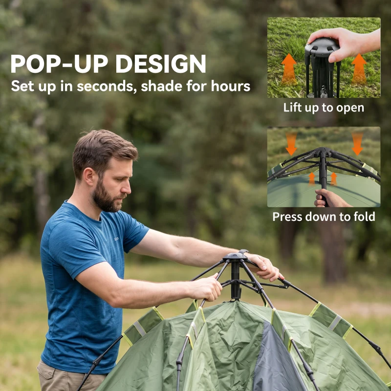 Outsunny Camping Tent, 2-3 Man Family Tent, 1000mm Waterproof, with Sewn-in Groundsheet and Carry Bag,  for Fishing, Dark Green