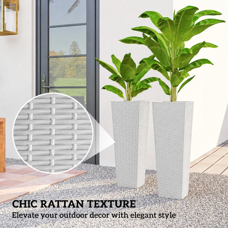 Outsunny 32 Inch Tall Planters for Outdoor Plants, Set of 2 Plastic Flower Pots with Drainage Holes, White