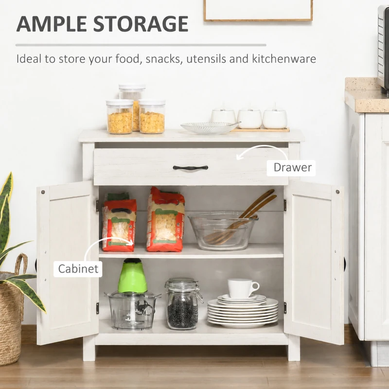 HOMCOM Farmhouse Sideboard Cabinet with Barn Doors Kitchen Buffet Cabinet with Drawer and Adjustable Shelf Stone White Wash