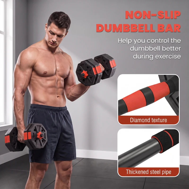 Soozier 6-in-1 Adjustable Dumbbell Set, Used as Kettlebell, Barbell, Dumbbell, Push-Up Stand, 55lbs Free Weights Set, Red