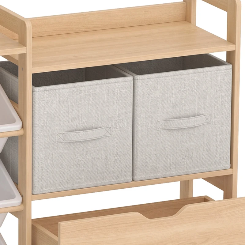 Qaba Wooden Toy Storage Organizer with Rolling Toy Chest, 2 Fabric Drawers, 2 Shelves and 9 Bins for Kids Rooms, Nursery